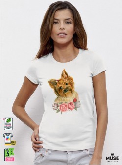 Aquarelle Yorkie Дамска Бяла Тениска С Дизайнерски Принт