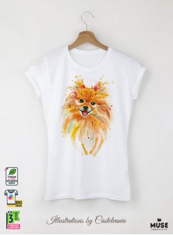 Aquarelle Pomeranian Дамска Бяла Тениска С Дизайнерски Принт