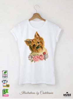 Aquarelle Yorkie Дамска Бяла Тениска С Дизайнерски Принт
