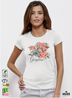 Gorgeous Flowers Дамска Бяла Тениска С Дизайнерски Принт